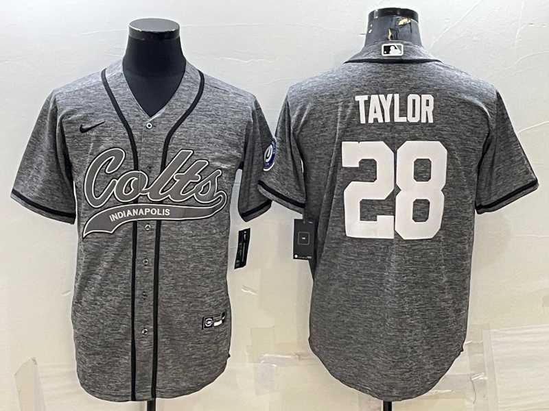 Men%27s Indianapolis Colts #28 Jonathan Taylor Grey Gridiron With Patch Cool Base Stitched Baseball Jerseys